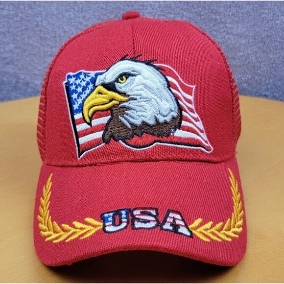 Embroidered USA Bald Eagle Shadow Snapback Trucker Hat Red American Flag Cap - Picture 4 of 16